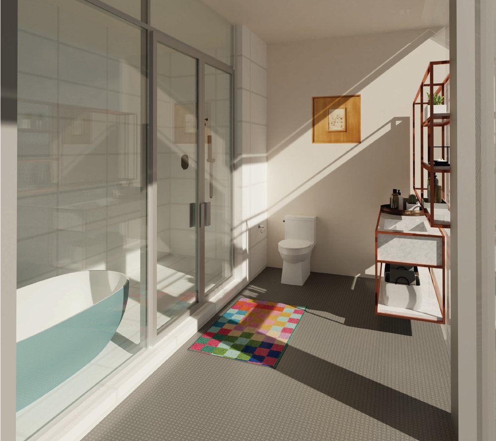 Master bathroom rendering with a glass shower and colorful woven rug