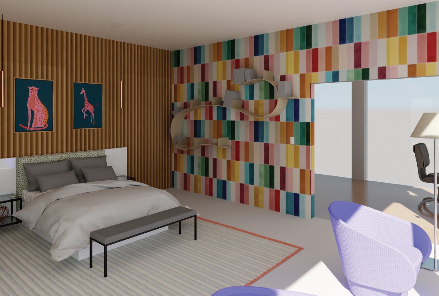 Master bedroom rendering with a colorful tile accent wall and curved built-in shelving