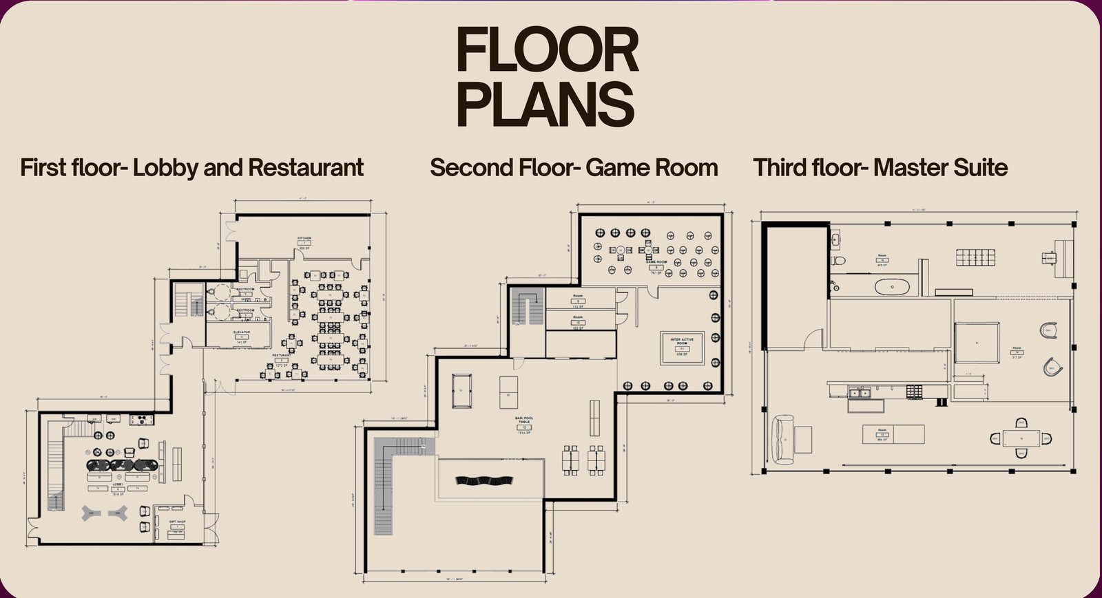 Floor plans for the lobby and restaurant, game room, and master suite floors
