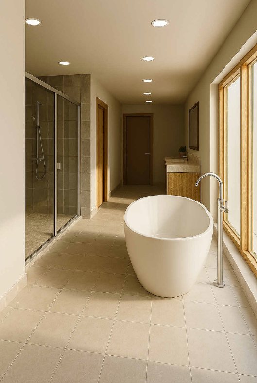 Primary bathroom with a freestanding tub and glass shower