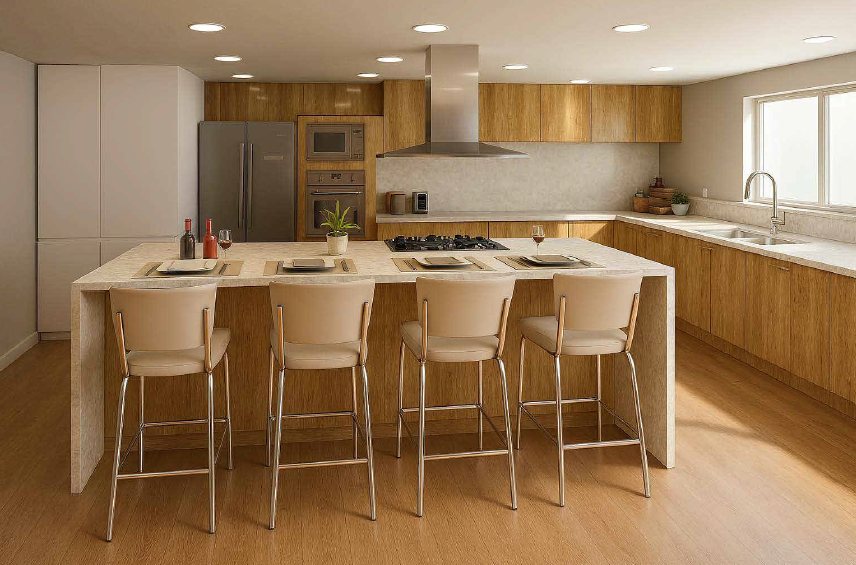 Mediterranean-inspired kitchen with warm wood cabinetry and a large island, AI-enhanced lighting study